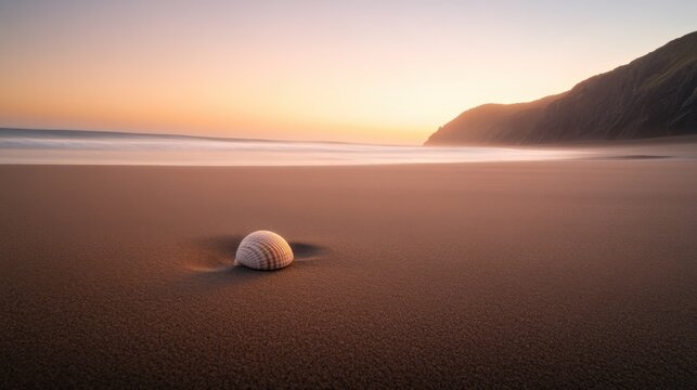 Tranquil beach sunset with seashell on sandy shoreline