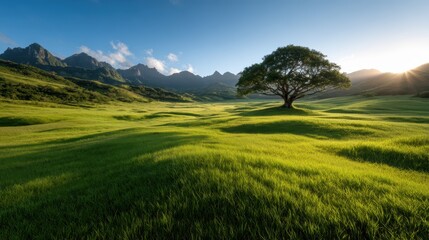 Fototapeta premium An idyllic scene captures a solitary tree standing tall in a vibrant green meadow, surrounded by majestic mountains under a bright blue sky, reflecting nature's beauty.
