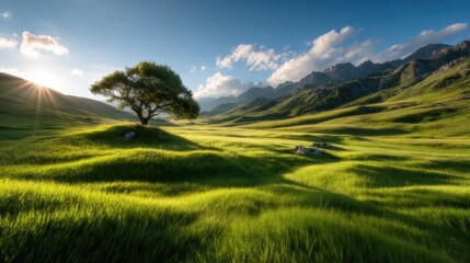 Obraz premium Another stunning landscape of rolling hills featuring a majestic tree, embellished by soft clouds and captivating sunlight, offering a sense of peace and connection to nature.
