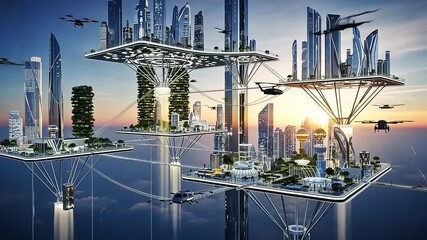 Futuristic cityscape with floating architecture, advanced transport systems, and vibrant sunset backdrop