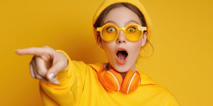 The surprised young woman pointing dramatically wearing yellow sunglasses and orange headphones