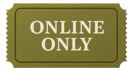 Olive green tag sticker with ONLINE ONLY message in bold font, clear retail promotion offer on transparent background.