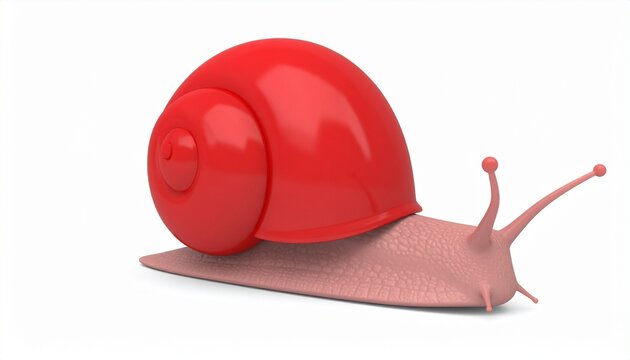 Glossy red snail with a perfect spiral shell and extended tentacles white background