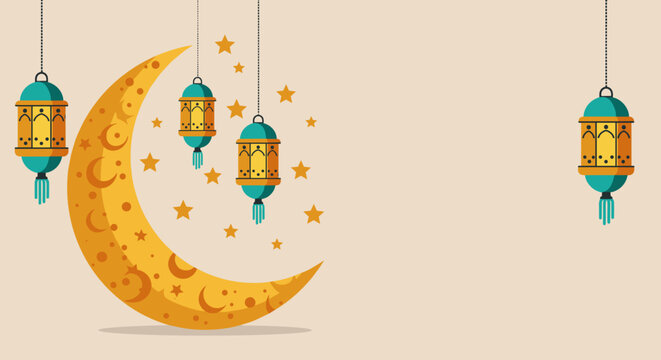 Eid Karek illustration with crescent moon and lanterns, perfect for greeting cards, party decorations, promotional materials and publications dedicated to Eid in India