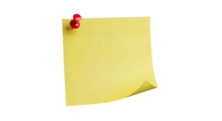 A yellow sticky note is pinned to a black surface with a red push pin in the upper left corner on transparent background