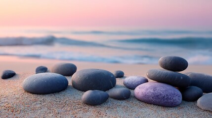 Calm beach scene with smooth rocks and ocean waves at sunset for meditation and relaxation wallpaper
