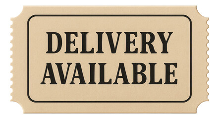 Beige tag sticker with DELIVERY AVAILABLE offer in bold print, essential retail promotion on transparent background.