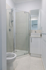 Glass shower enclosure and vanity sink in tiled bathroom with toilet, modern minimalist design in residential home interior setting