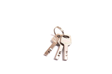 details of key ring with various door and car keys against a white background,