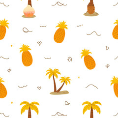 Tropical Pineapple and Palm Tree Seamless Pattern: Vibrant Summer Design