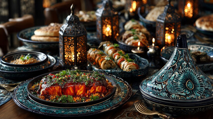 Fototapeta premium Arabic Cuisine: Middle Eastern traditional lunch fattah, tajine, kabab, kabsa, and kofta It's also Ramadan Iftar. The meal eaten by Muslims during Ramadan, Assorted Arabic oriental dishes.top view
