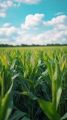 Fototapeta premium A green field with young corn shoots under a blue sky with clouds — for agricultural projects, eco-blogs, articles about nature.