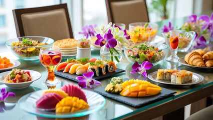 A decorated wedding dinner table with a delicious cake and fresh flowers