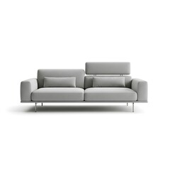 Modern Grey Sofa with Adjustable Headrests and Cushions on White Background.