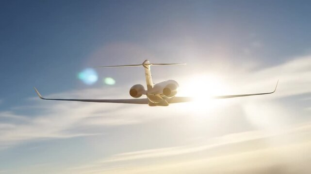 Private jet aircraft flying through sunny blue sky at high altitude