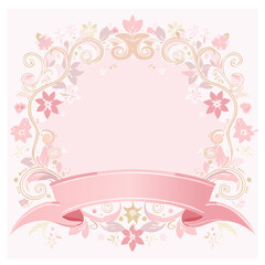 Pink Floral Wreath Frame: Elegant Design with Ribbon for Wedding Invitations, Branding, and Announcements