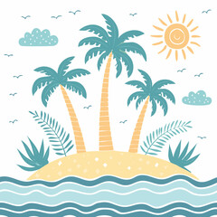Tropical Island Illustration: Palm Trees, Sun, Ocean, Beach Scene - Perfect for Summer Designs & Vacation Branding