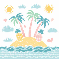 Tropical Paradise Island Illustration: Pastel Palm Trees, Pineapples, and Ocean Waves - Perfect for Summer Designs