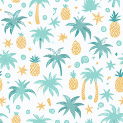 Tropical Paradise: Seamless Pattern of Palm Trees, Pineapples, and Seashells – Perfect for Summer Designs