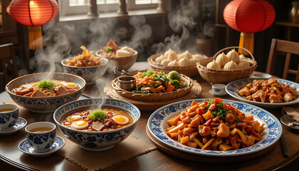 Fototapeta premium A fresh and delicious variety of Chinese dishes and vegetables for a healthy buffet-style meal