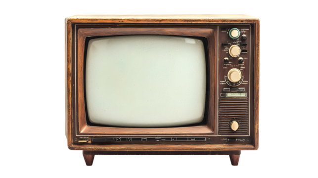 An old vintage retro tv television set with blank screen isolated on a transparent background