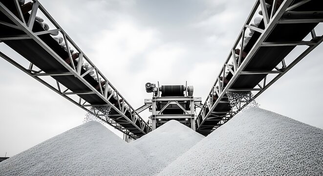 Industrial conveyor belt system transferring light-colored aggregate material to storage piles under a cloudy sky.
