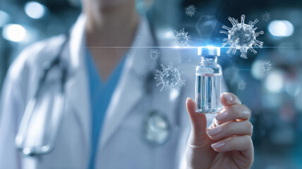 A doctor holds up a vial of clear liquid, symbolizing a medical vaccine or treatment, with digital virus illustrations in the background.