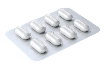 blister pack with eight white capsules, symbolizing health and medication isolated on white background