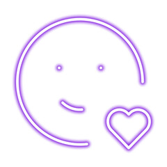 A glowing purple neon 'Love' or 'Care' reaction icon. A modern social media symbol with a smiley face and a heart. A minimalist line art emoji for positive feedback and online engagement. PNG