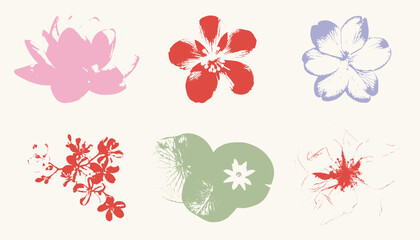 Vector floral textured prints, minimalist Japanese style flowers for pattern, tattoo, or background design