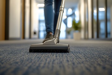 Janitor Vacuuming Carpeted Office Hallway