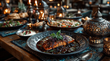 Middle Eastern or Arabic cuisine with a variety of mezze on a rustic concrete backdrop Food that is Halal. Cuisine from Lebanon, Turkey, and Egypt, with mixed veggies and a gorgeous table top view
