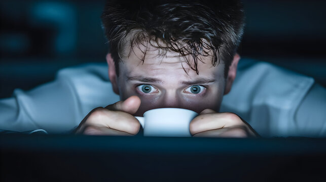 coffee tightly, eyes wide from stress, slouched posture and messy desktop