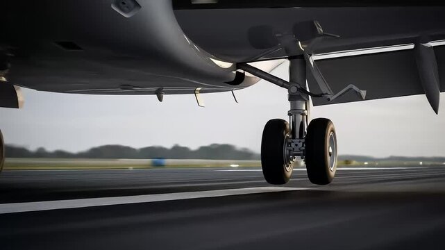 A commercial airplane's landing gear wheels are seen moments before or during touchdown on an airport runway.