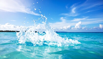 Obraz premium Water splashing in a tranquil ocean scene under a bright blue sky