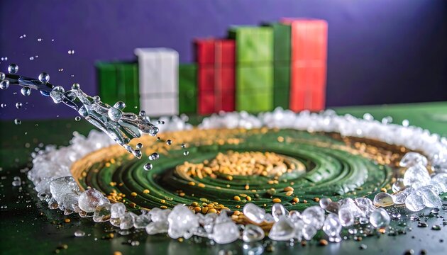 Water Splashing onto Circular Ice & Gold Design - Powered by Adobe