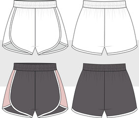 Women's elastic waist sport shorts, activewear fashion technical drawing, flat sketch, Illustration. Front and back view, CAD, Mockup set.