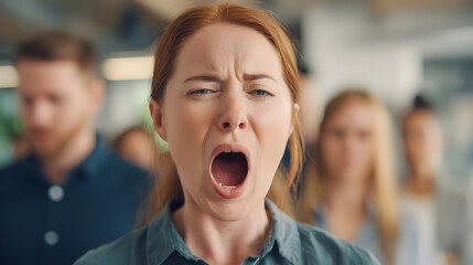 and yawning with dark office in background, long working hours clearly implied