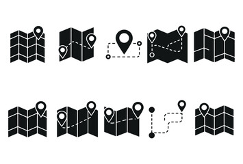 Collection of black map icons with location pins and routes, flat vector set for navigation, GPS, and travel design.