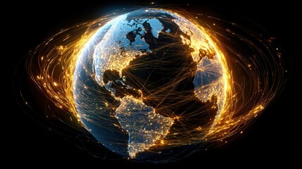 Earth at night with glowing orange global network connections futuristic technology and data exchange visualization