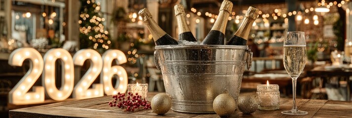 Champagne glasses gently touch amidst festive decor in a warm environment, symbolizing a happy celebration; theme of embracing a prosperous new year.