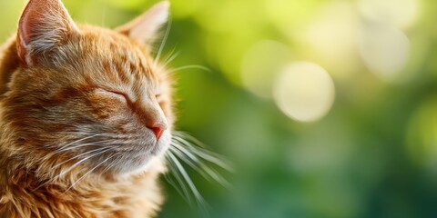 The ginger cat basking in warm sunlight with soft bokeh green background