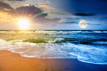 stormy sea landscape with splashing green waves under windy overcast sky with heavy cumulus clouds. day and night time change concept. spoiled summer vacations. bad weather strikes with sun and moon