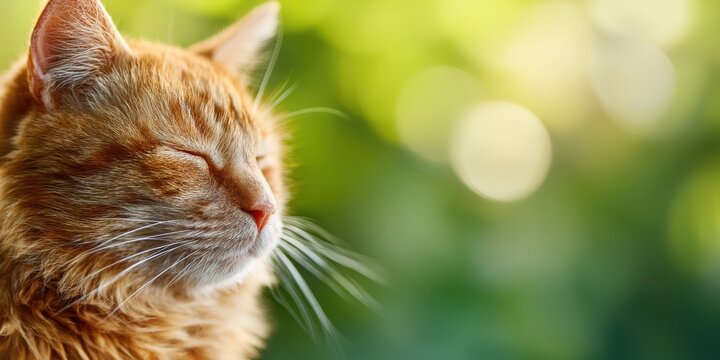The ginger cat basking in warm sunlight with soft bokeh green background