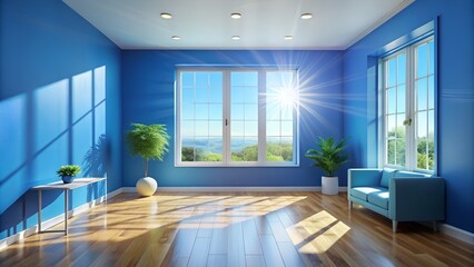 Fototapeta premium Bright blue room with sunlight and plants