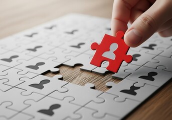 A hand places a red jigsaw puzzle piece with a person icon, completing a pattern of similar pieces on a light-colored wooden table.