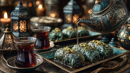 Traditional turkish, arabic dessert baklava assortment with pistachio. Ramadan sweets. with a mockup food box.
Middle Eastern desserts with tea and honey for ramadan iftar.