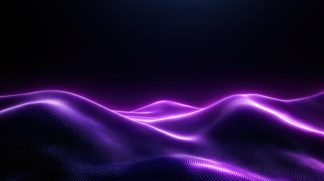 Futuristic purple neon waves on black background with digital grid effect - Powered by Adobe