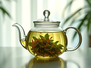Glass teapot with blooming flower tea on a table in a bright environment