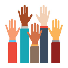 Obraz premium Volunteer team hands raised up in a silhouette illustration with human fingers intertwined for a symbol of help